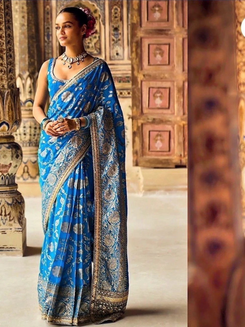 Blue Embroidered Brocade Saree